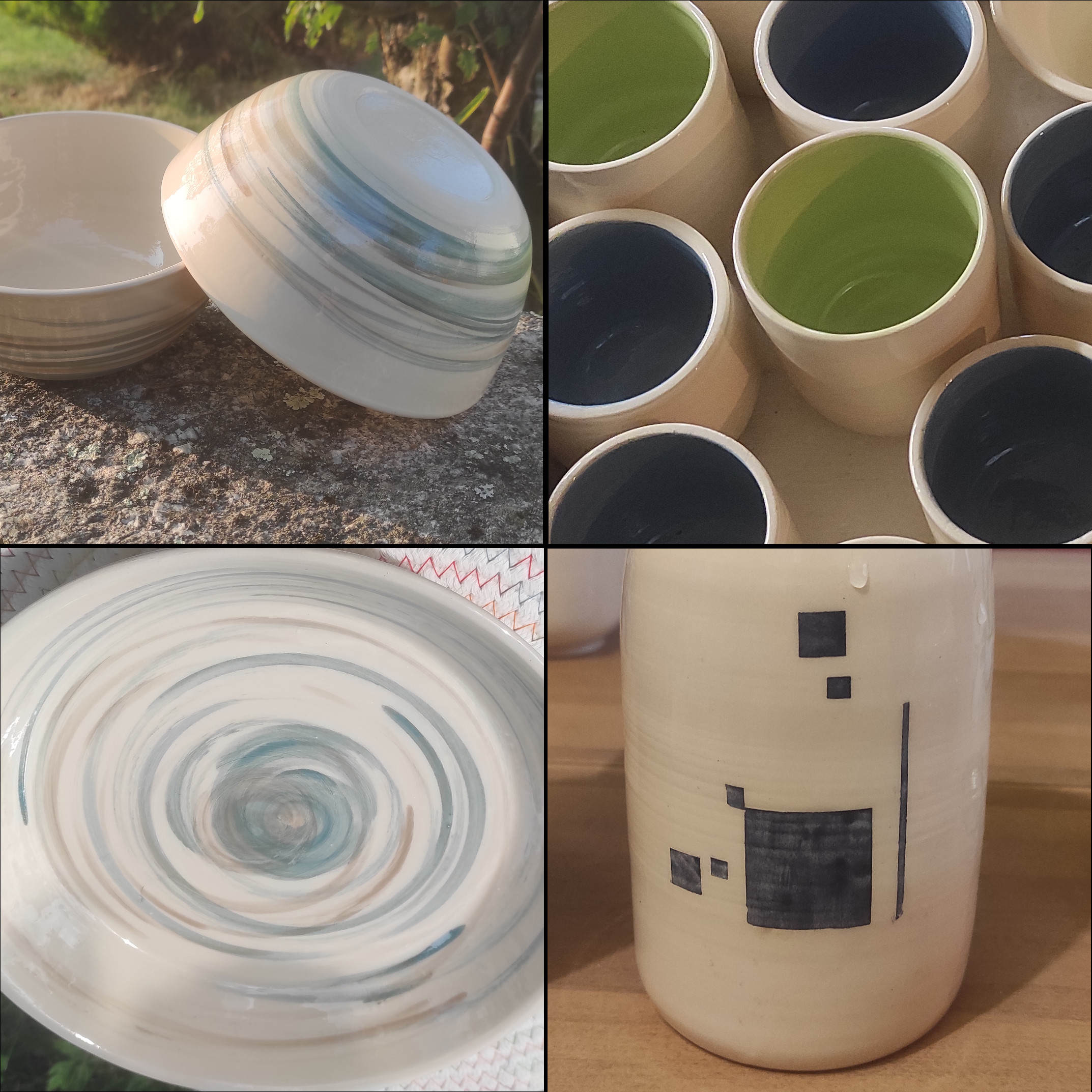 Différentes créations céramiques emaillées des collections spirales, labyrinthe et couleurs